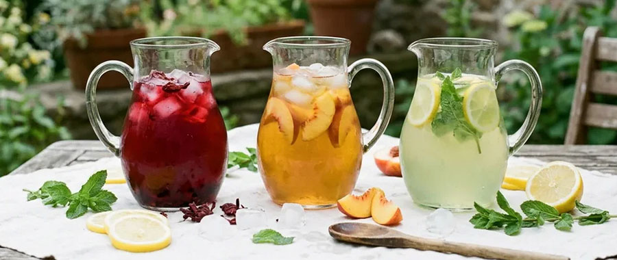 Selection of different iced tea varieties with fresh fruit. Best Fruits for Preparing Iced Tea by Tea Variety