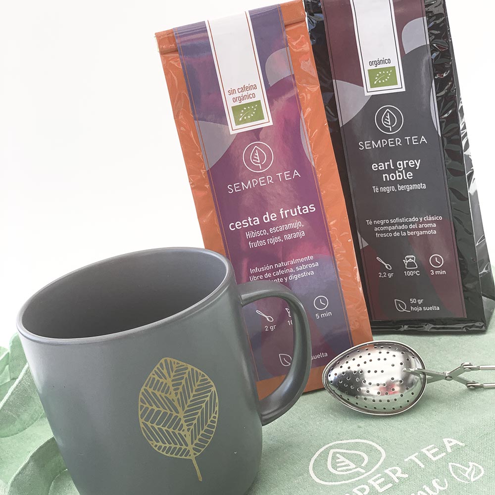 Pack de té orgánico con taza, filtro y tote bag
