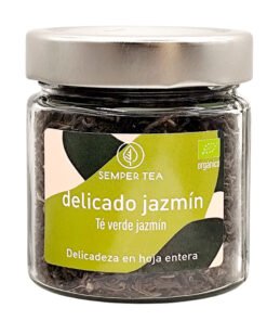 Jasmine de Semper Tea, té verde con jazmín ecológico en tarro de cristal reutilizable. Floral, suave y perfecto como regalo gourmet