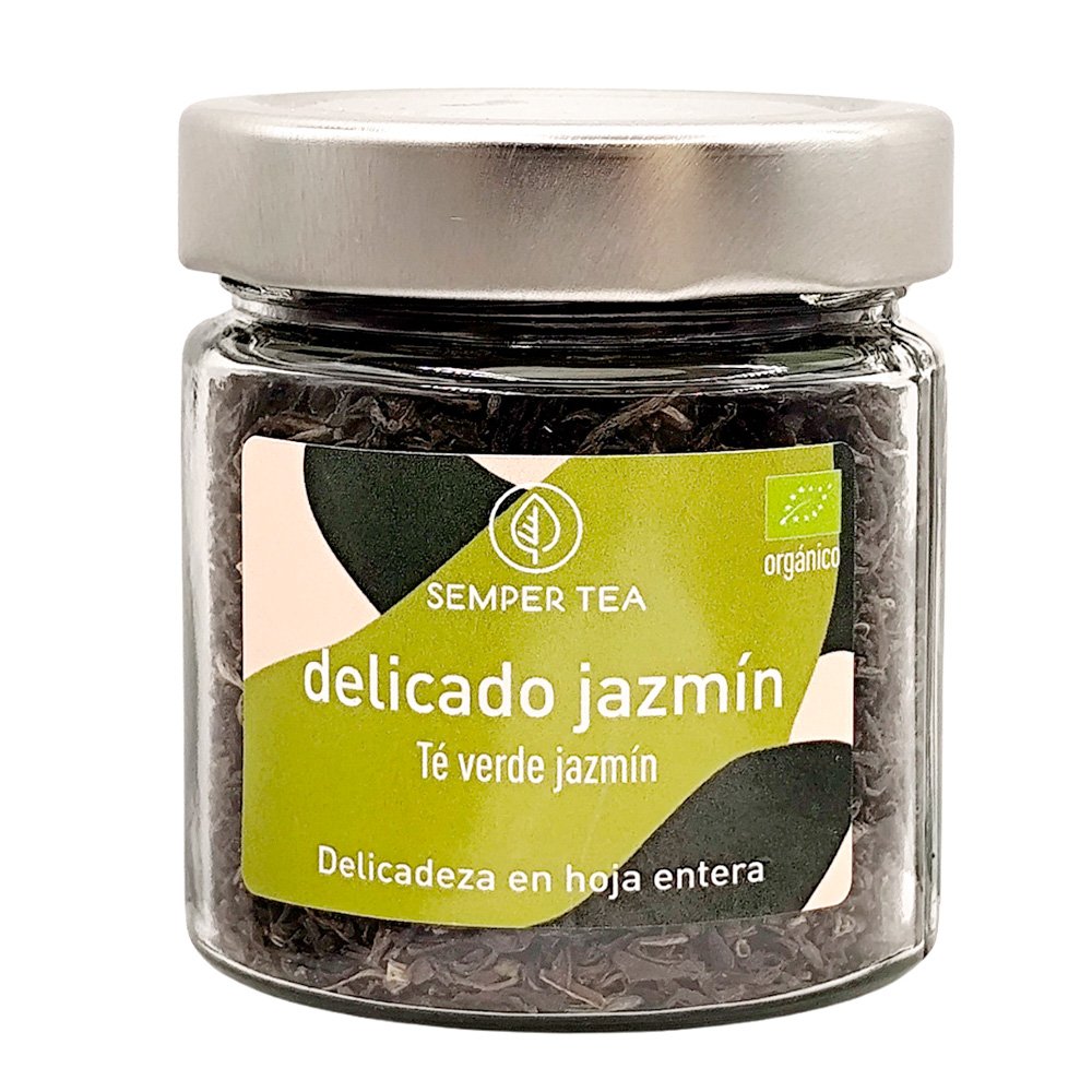 Jasmine de Semper Tea, té verde con jazmín ecológico en tarro de cristal reutilizable. Floral, suave y perfecto como regalo gourmet